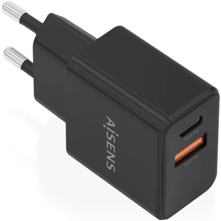 Aisens Cargador GaN 20W con USB-C PD 3.0 y USB-A QC 3.0 Negro